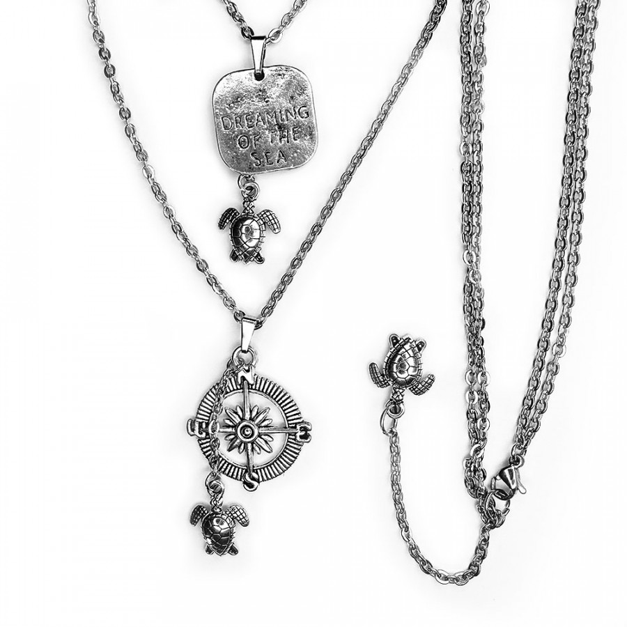 Necklace Meri ja Kilpikonna compass with turtle double chain stainless steel - Catch Get It Lifestyle