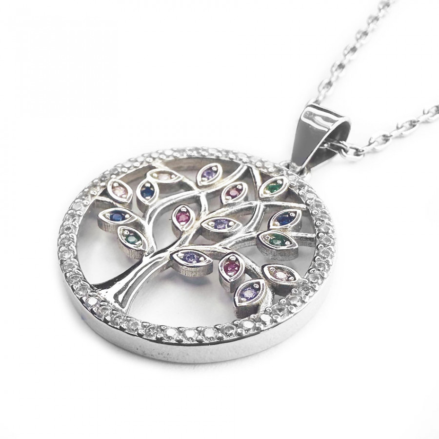 Necklace Elaemaen Puu tree of life in 925 silver leaves with colored zirconia - Catch Get It Lifestyle