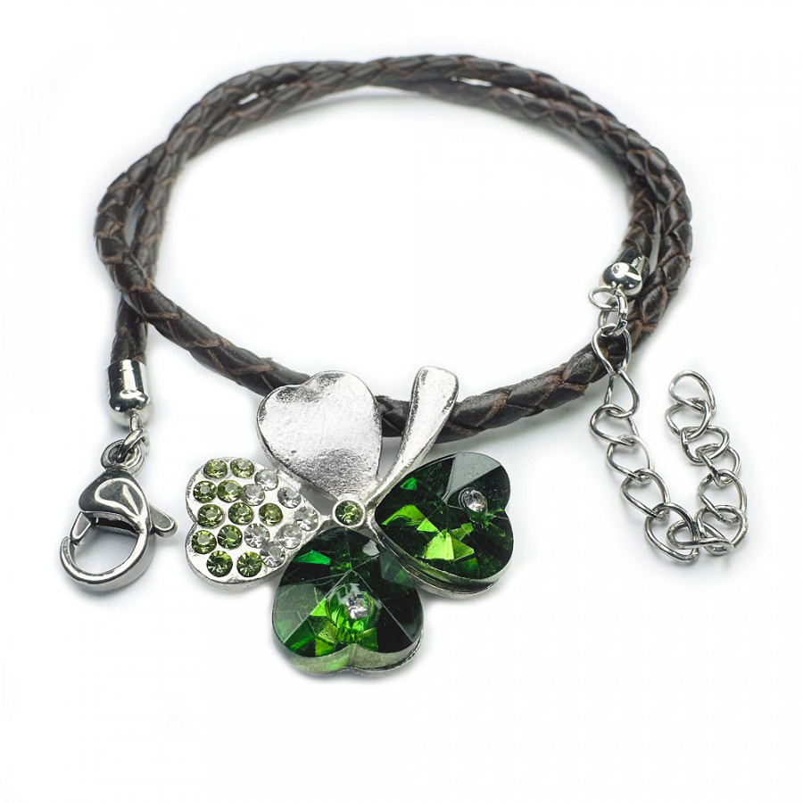 Necklace Onnentuoja cloverleaf decorated with white green zirconia in stainless steel leather - Catch Get It Lifestyle
