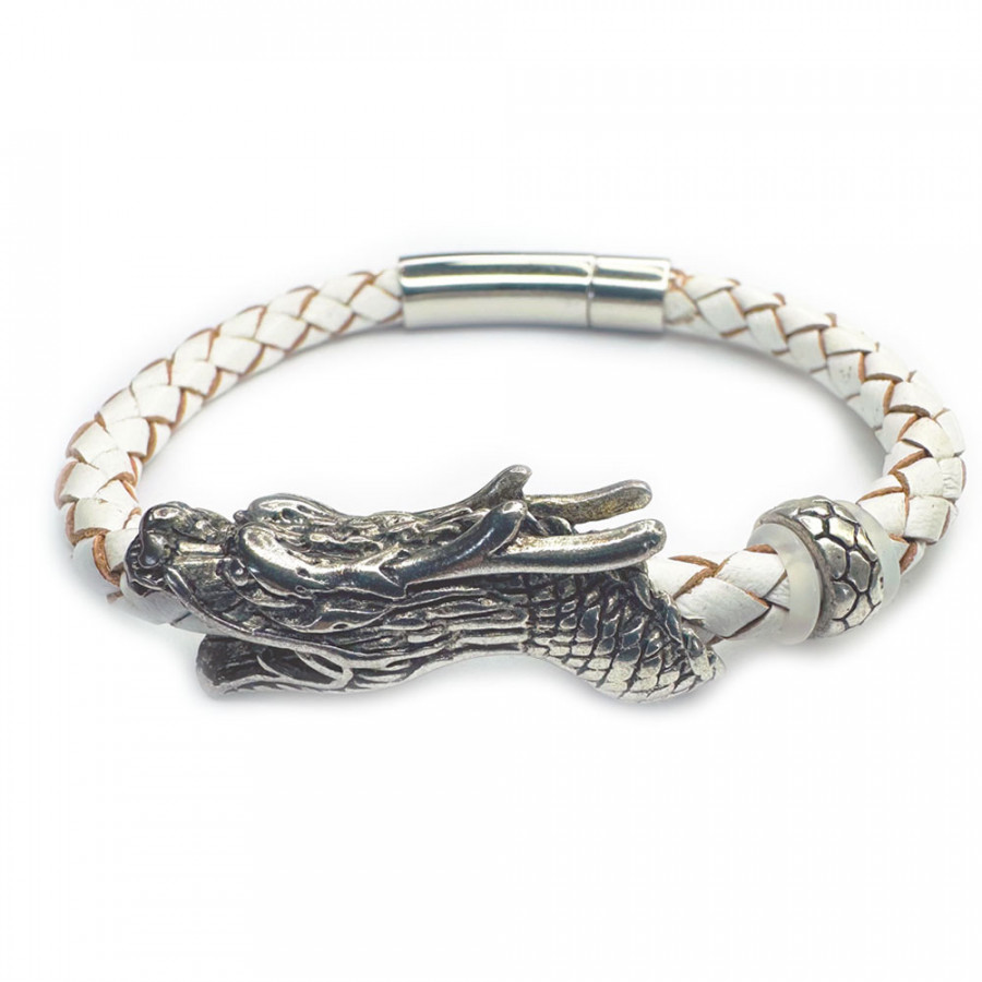 Leather bracelet Dragon Elliot white stainless steel Dragon Head - Catch Get It Lifestyle