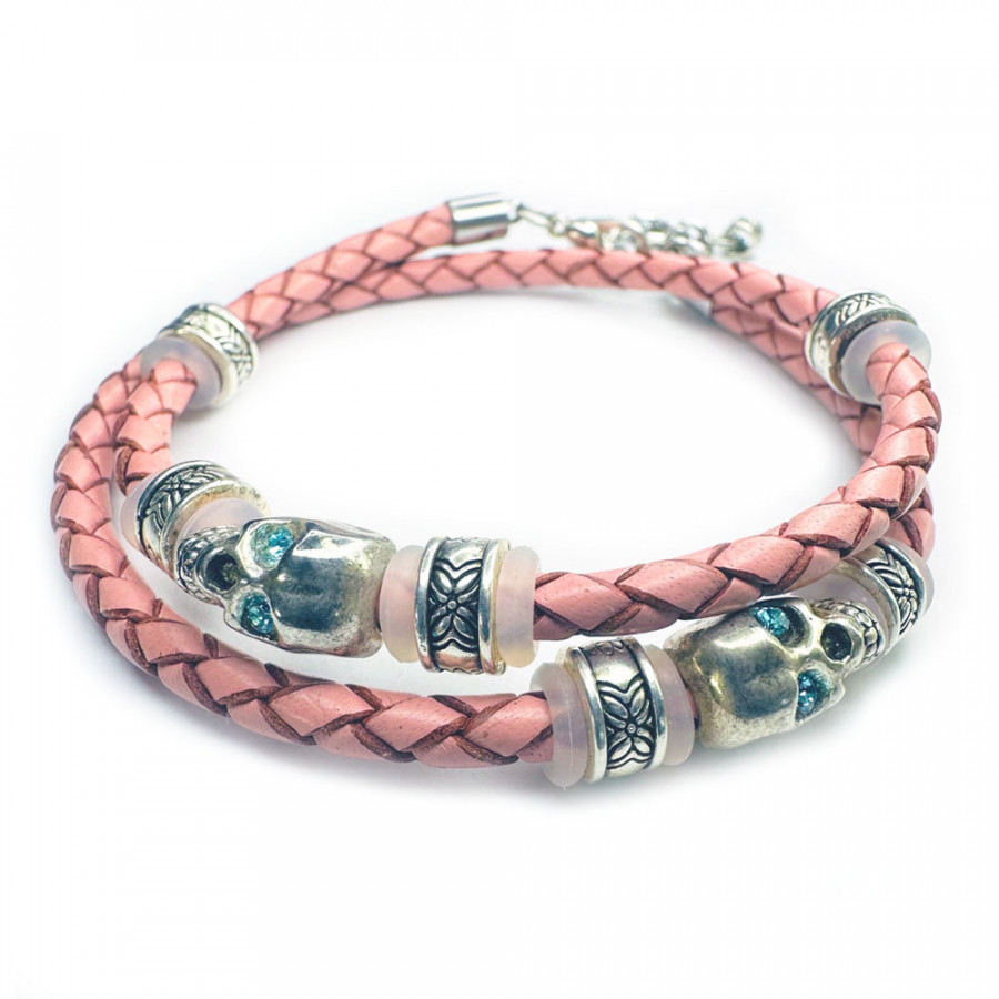 Wrap bracelet Loistava Mennyt Skull leather bracelet pink two skulls zirconia turquoise - Catch Get It Lifestyle