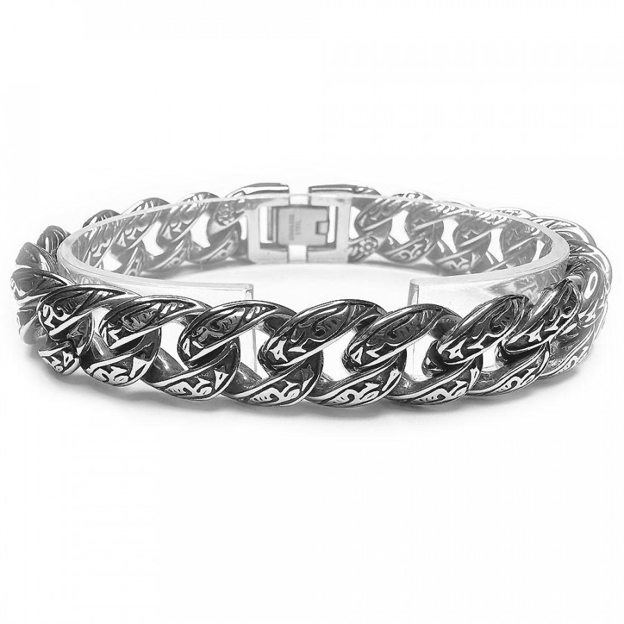 Bracelet Merkin Tulkki with Nordic ornaments curb chain wide stainless steel - Catch Get It Lifestyle