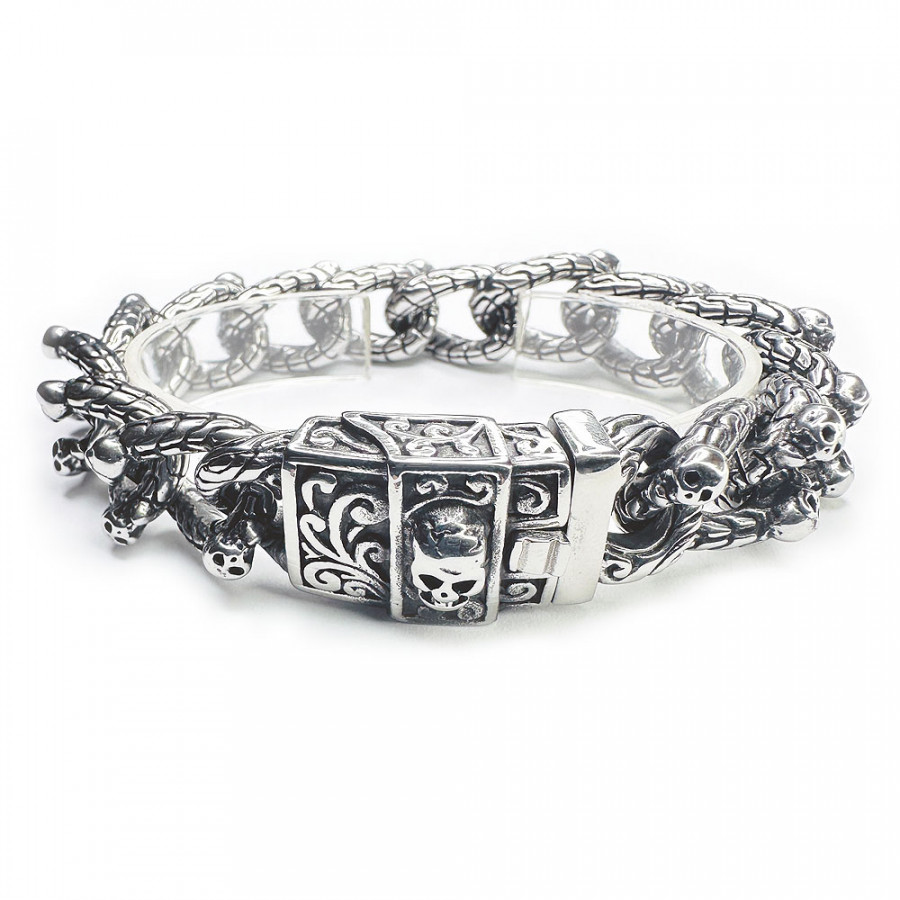 Armband Menneisyyden Salaisuus mit gotischen Skulls und Verzierungen Panzerkette Edelstahl - Catch Get It Lifestyle