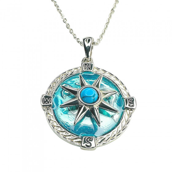 Necklace Turvallinen Tapa compass world map rotatable 925 silver with turquoise - Catch Get It Lifestyle