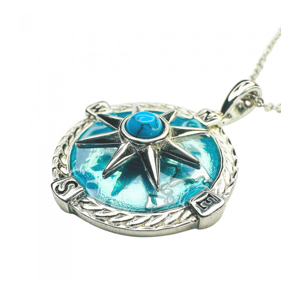 Necklace Turvallinen Tapa compass world map rotatable 925 silver with turquoise - Catch Get It Lifestyle