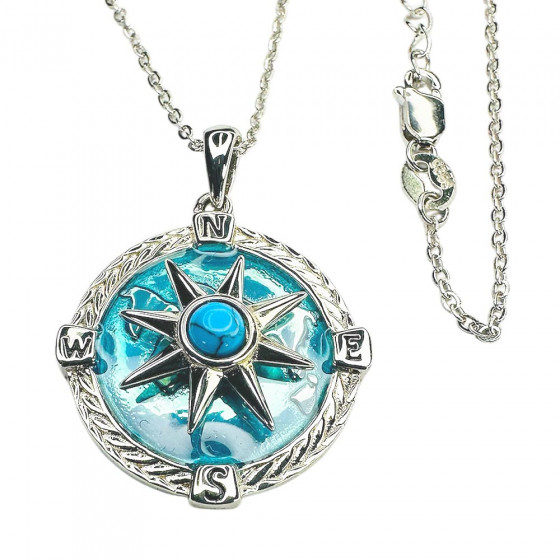 Necklace Turvallinen Tapa compass world map rotatable 925 silver with turquoise - Catch Get It Lifestyle